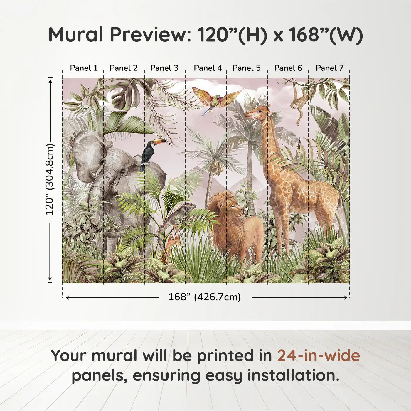 Whimsy Tots Blush Safari Adventure Wall Muraldimension view (120" H x 168" W). Printed in seven 24-inch-wide panels. Soft safari animals explore a lush, leafy world painted in warm pink hues.