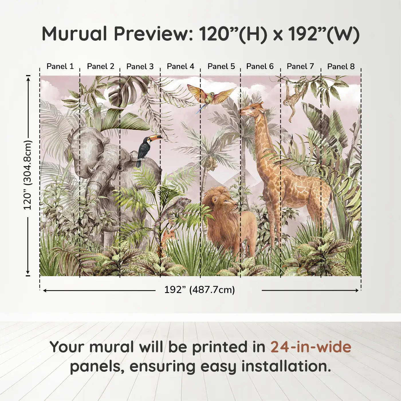 Whimsy Tots Blush Safari Adventure Wall Muraldimension view (120" H x 192" W). Printed in eight 24-inch-wide panels. Soft safari animals explore a lush, leafy world painted in warm pink hues.