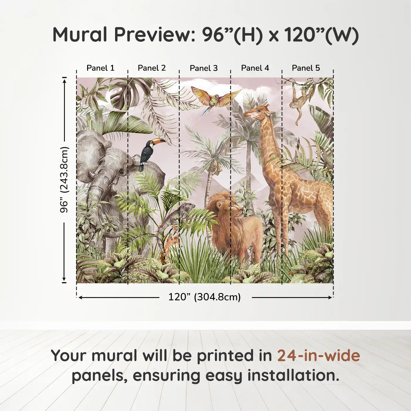 Whimsy Tots Blush Safari Adventure Wall Muraldimension view (96" H x 120" W). Printed in five 24-inch-wide panels. Soft safari animals explore a lush, leafy world painted in warm pink hues.