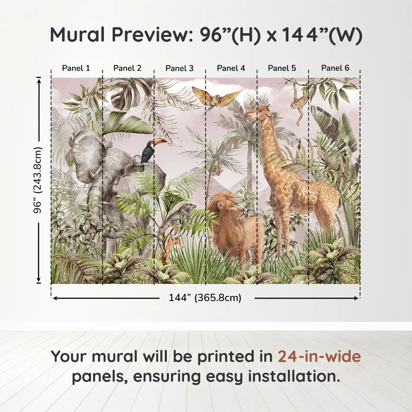 Whimsy Tots Blush Safari Adventure Wall Muraldimension view (96" H x 144" W). Printed in six 24-inch-wide panels. Soft safari animals explore a lush, leafy world painted in warm pink hues.