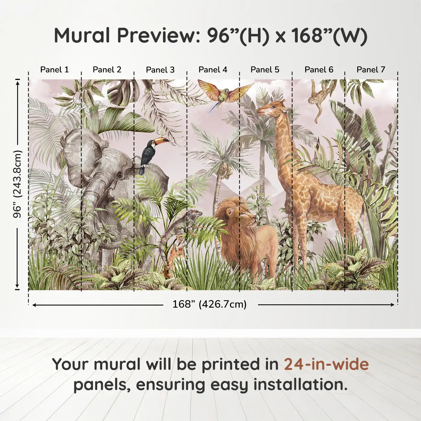 Whimsy Tots Blush Safari Adventure Wall Muraldimension view (96" H x 168" W). Printed in seven 24-inch-wide panels. Soft safari animals explore a lush, leafy world painted in warm pink hues.