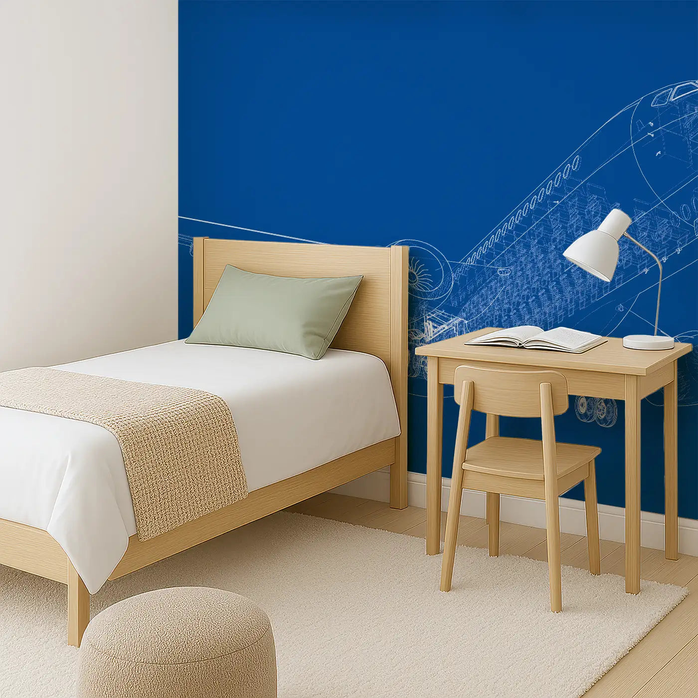 Angled view of Whimsy Tots' Blueprint Skies Wall Mural (M0319).An intricate blueprint mural of a soaring passenger jet—designed for future engineers.