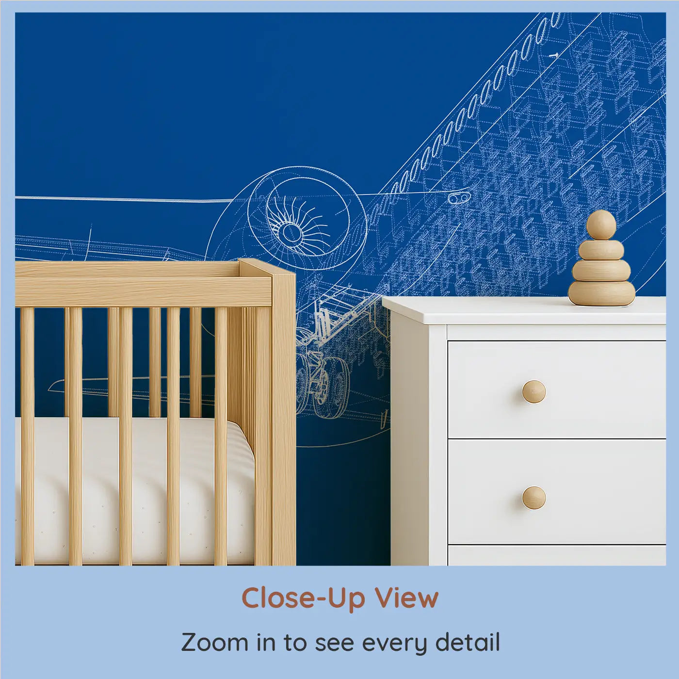 Close-up view of Whimsy Tots' Blueprint Skies Wall Mural (M0319).An intricate blueprint mural of a soaring passenger jet—designed for future engineers.