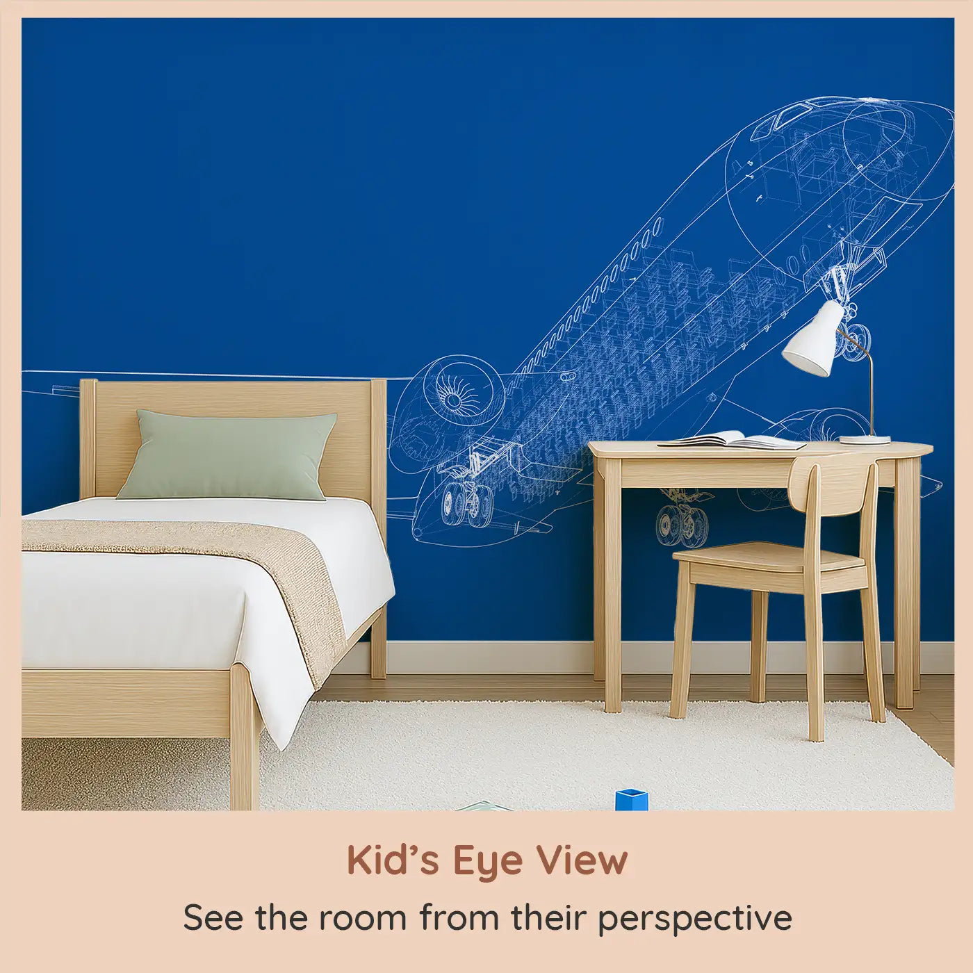 Whimsy Tots Blueprint Skies Wall Mural (M0319) from your child's view.An intricate blueprint mural of a soaring passenger jet—designed for future engineers.