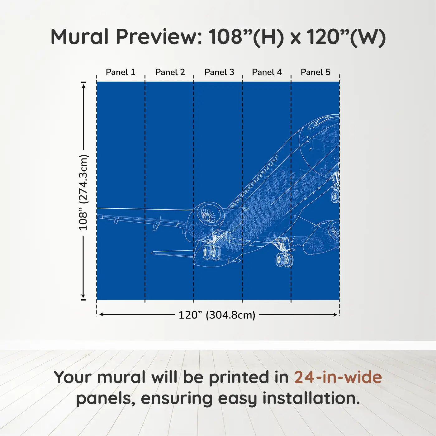 Whimsy Tots Blueprint Skies Wall Muraldimension view (108" H x 120" W). Printed in five 24-inch-wide panels. An intricate blueprint mural of a soaring passenger jet—designed for future engineers.