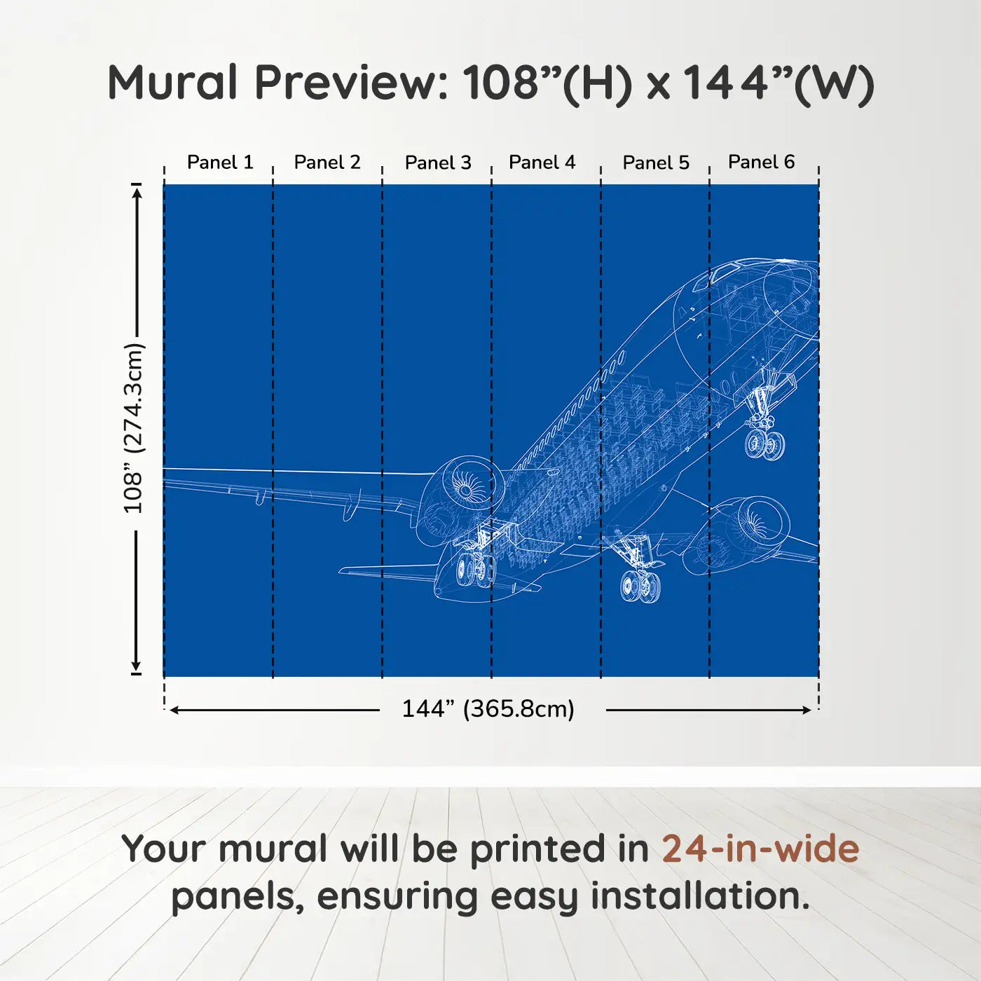 Whimsy Tots Blueprint Skies Wall Muraldimension view (108" H x 144" W). Printed in six 24-inch-wide panels. An intricate blueprint mural of a soaring passenger jet—designed for future engineers.