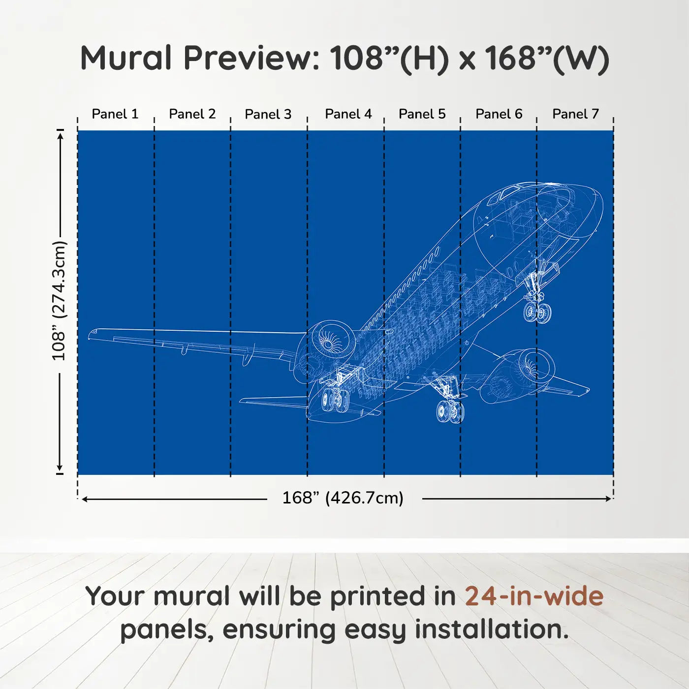 Whimsy Tots Blueprint Skies Wall Muraldimension view (108" H x 168" W). Printed in seven 24-inch-wide panels. An intricate blueprint mural of a soaring passenger jet—designed for future engineers.
