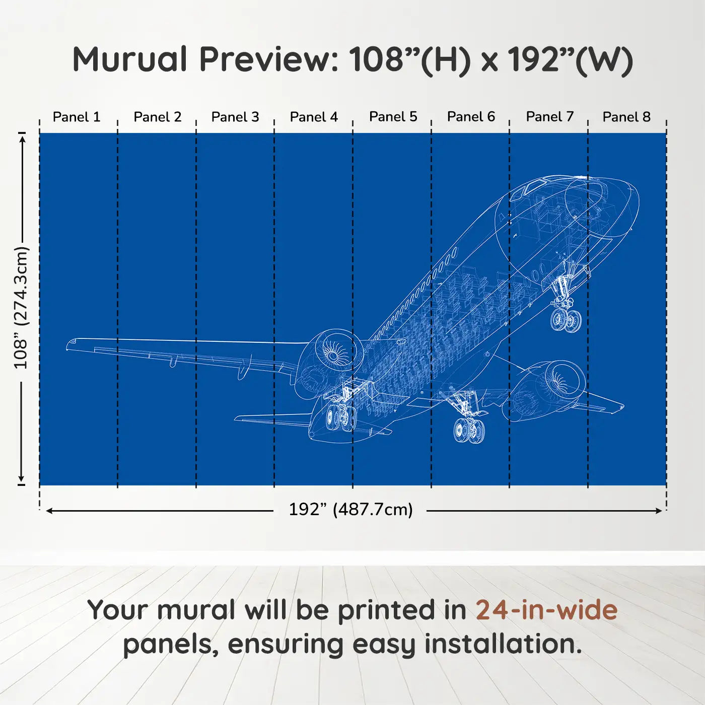 Whimsy Tots Blueprint Skies Wall Muraldimension view (108" H x 192" W). Printed in eight 24-inch-wide panels. An intricate blueprint mural of a soaring passenger jet—designed for future engineers.