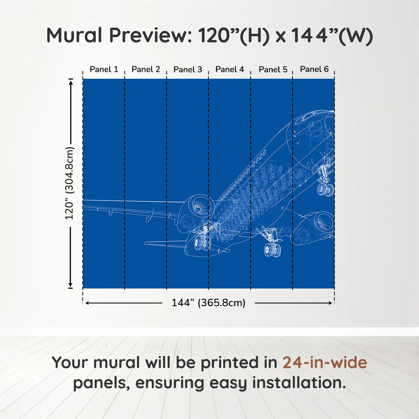 Whimsy Tots Blueprint Skies Wall Muraldimension view (120" H x 144" W). Printed in six 24-inch-wide panels. An intricate blueprint mural of a soaring passenger jet—designed for future engineers.