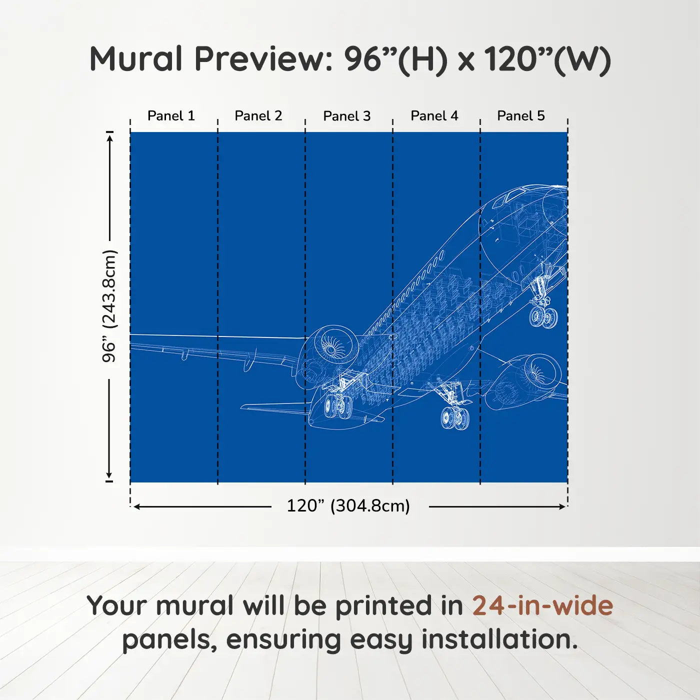 Whimsy Tots Blueprint Skies Wall Muraldimension view (96" H x 120" W). Printed in five 24-inch-wide panels. An intricate blueprint mural of a soaring passenger jet—designed for future engineers.