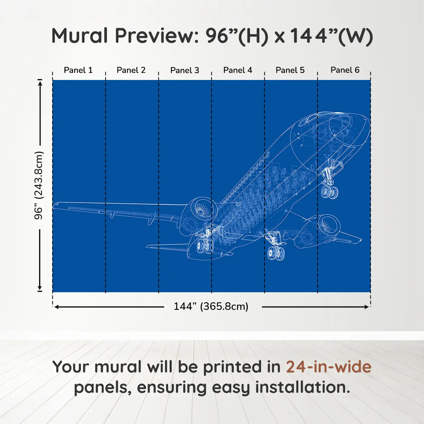 Whimsy Tots Blueprint Skies Wall Muraldimension view (96" H x 144" W). Printed in six 24-inch-wide panels. An intricate blueprint mural of a soaring passenger jet—designed for future engineers.