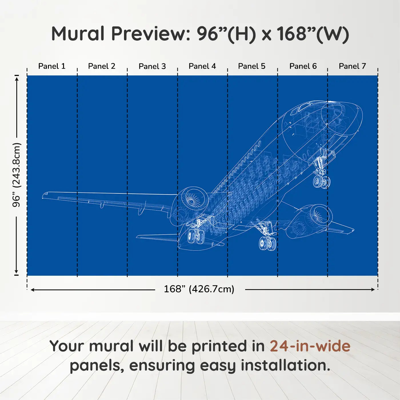 Whimsy Tots Blueprint Skies Wall Muraldimension view (96" H x 168" W). Printed in seven 24-inch-wide panels. An intricate blueprint mural of a soaring passenger jet—designed for future engineers.