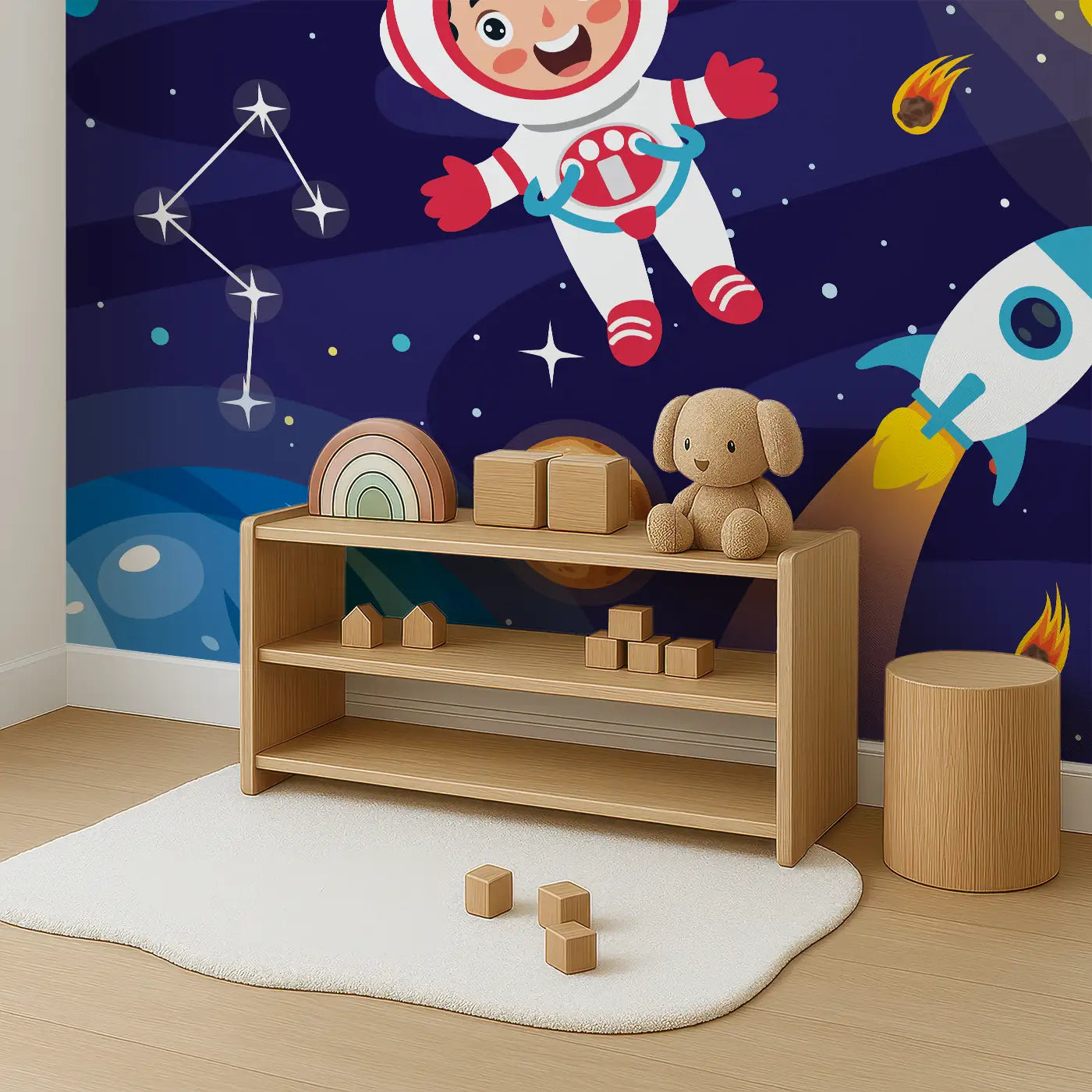 Angled view of Whimsy Tots' Cosmic Kid Explorer Wall Mural (M0326).A cheerful astronaut floats through a solar system full of planets, stars, and fun.