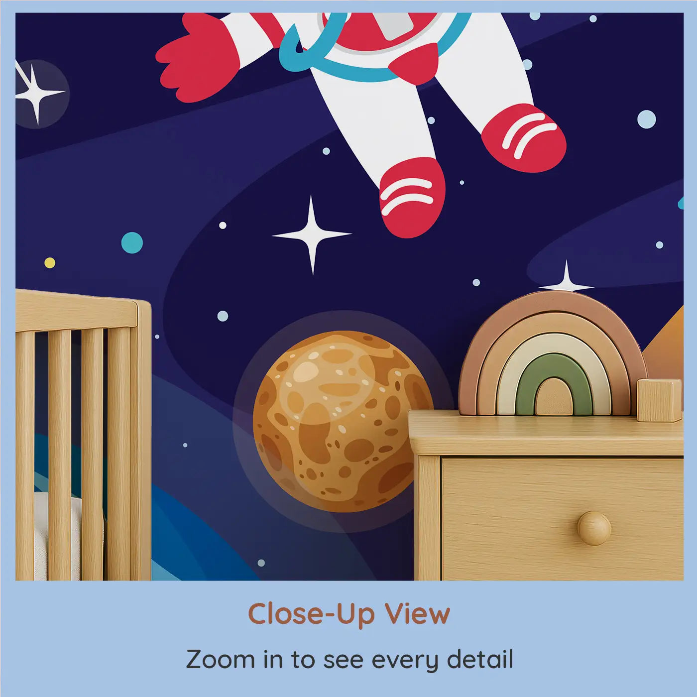 Close-up view of Whimsy Tots' Cosmic Kid Explorer Wall Mural (M0326).A cheerful astronaut floats through a solar system full of planets, stars, and fun.
