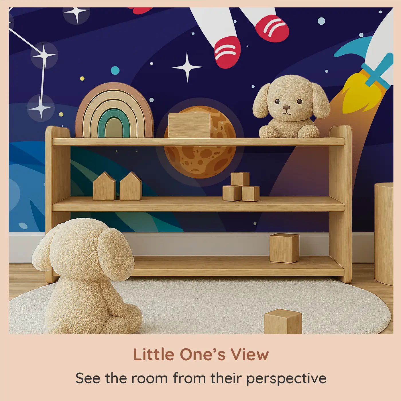 Whimsy Tots Cosmic Kid Explorer Wall Mural (M0326) from your child's view.A cheerful astronaut floats through a solar system full of planets, stars, and fun.