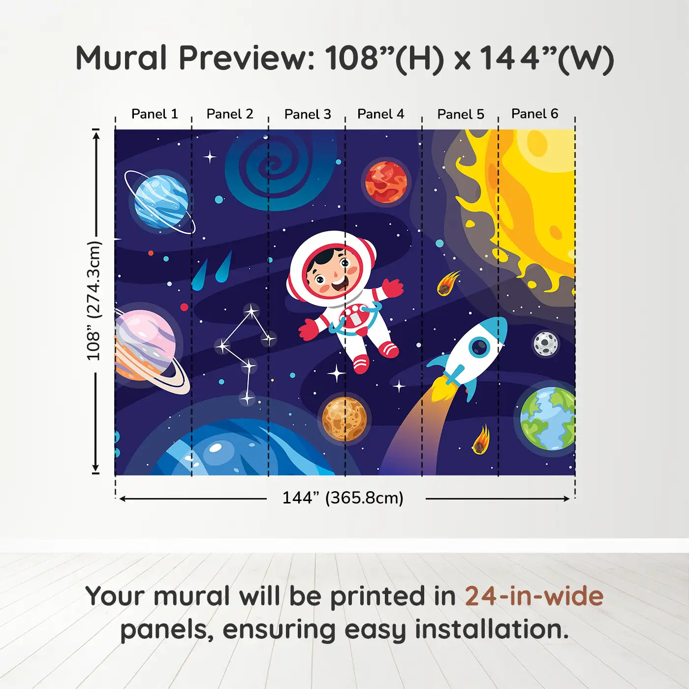 Whimsy Tots Cosmic Kid Explorer Wall Muraldimension view (108" H x 144" W). Printed in six 24-inch-wide panels. A cheerful astronaut floats through a solar system full of planets, stars, and fun.