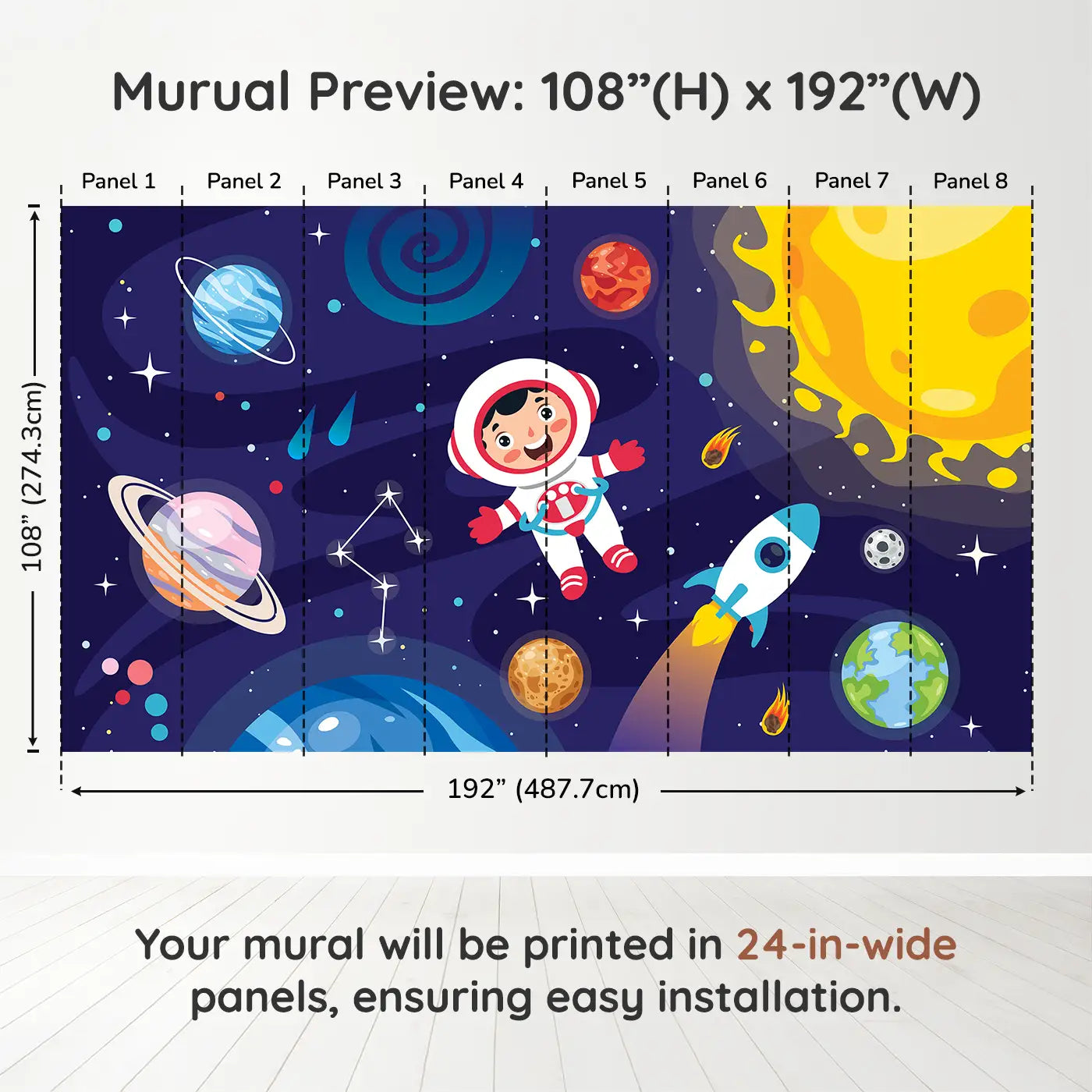 Whimsy Tots Cosmic Kid Explorer Wall Muraldimension view (108" H x 192" W). Printed in eight 24-inch-wide panels. A cheerful astronaut floats through a solar system full of planets, stars, and fun.