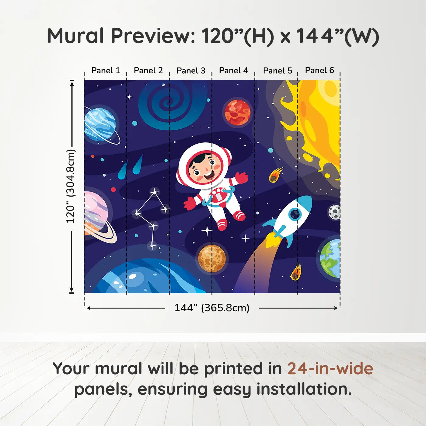Whimsy Tots Cosmic Kid Explorer Wall Muraldimension view (120" H x 144" W). Printed in six 24-inch-wide panels. A cheerful astronaut floats through a solar system full of planets, stars, and fun.
