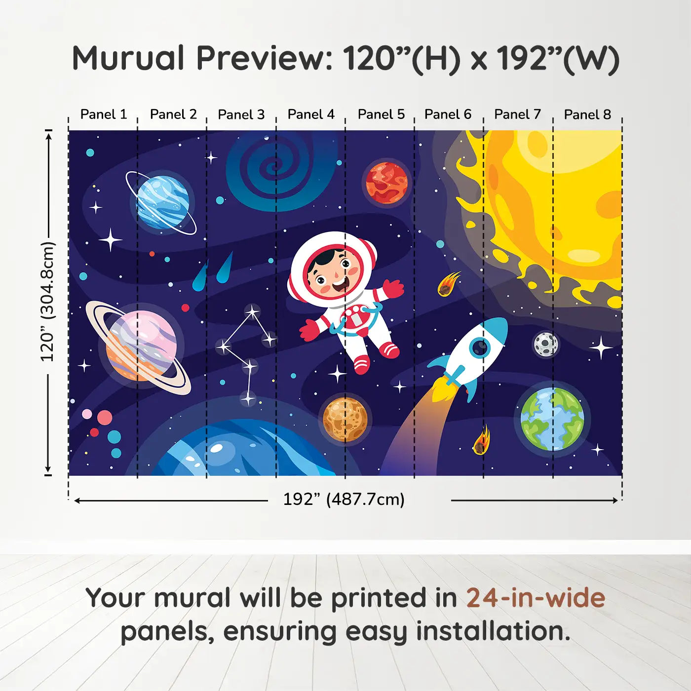 Whimsy Tots Cosmic Kid Explorer Wall Muraldimension view (120" H x 192" W). Printed in eight 24-inch-wide panels. A cheerful astronaut floats through a solar system full of planets, stars, and fun.