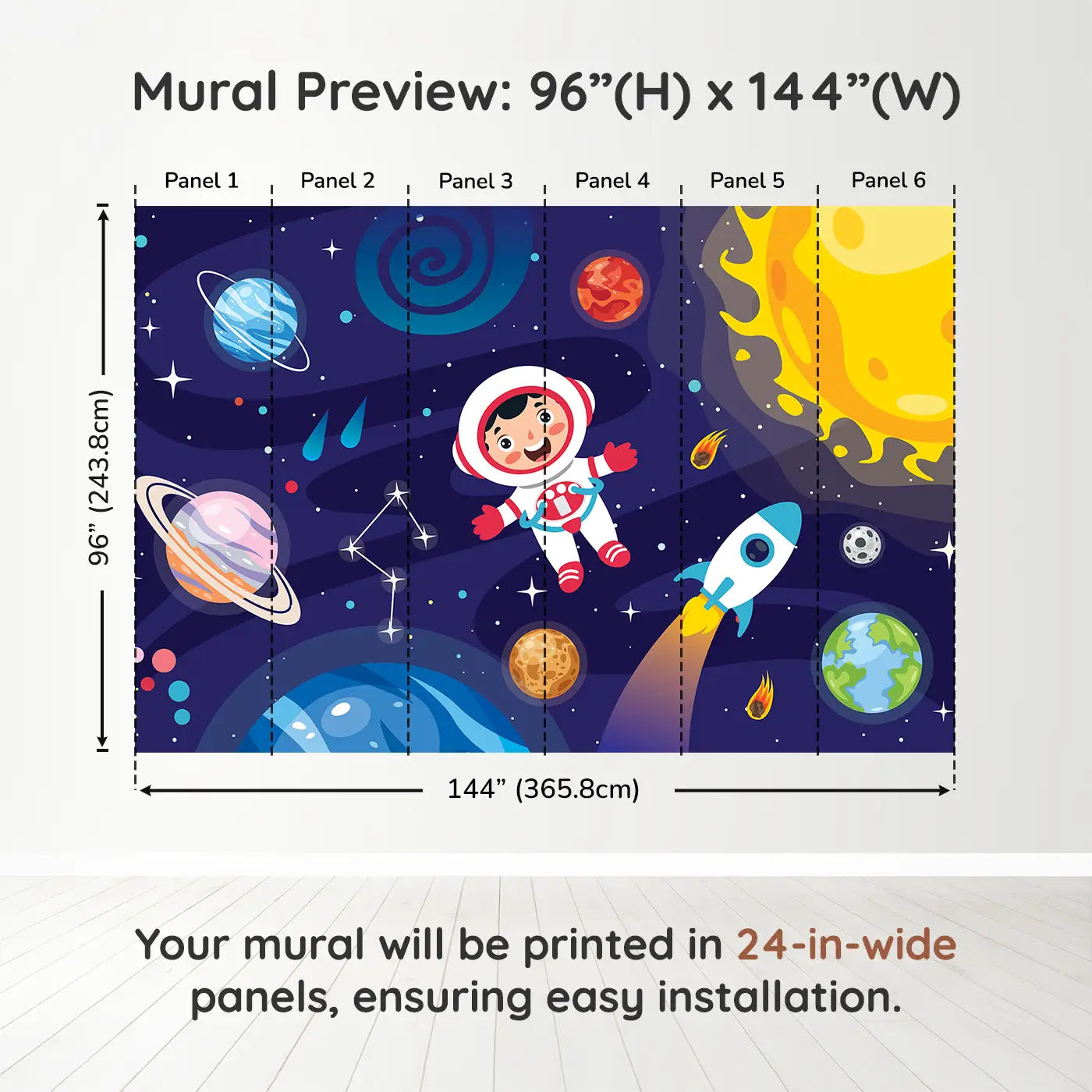Whimsy Tots Cosmic Kid Explorer Wall Muraldimension view (96" H x 144" W). Printed in six 24-inch-wide panels. A cheerful astronaut floats through a solar system full of planets, stars, and fun.