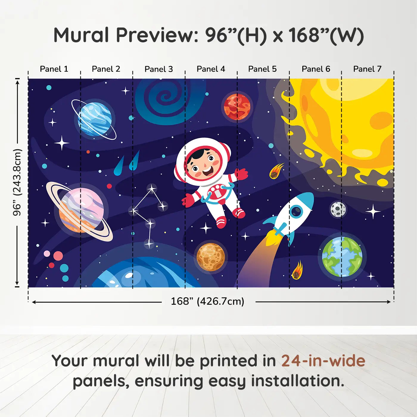 Whimsy Tots Cosmic Kid Explorer Wall Muraldimension view (96" H x 168" W). Printed in seven 24-inch-wide panels. A cheerful astronaut floats through a solar system full of planets, stars, and fun.