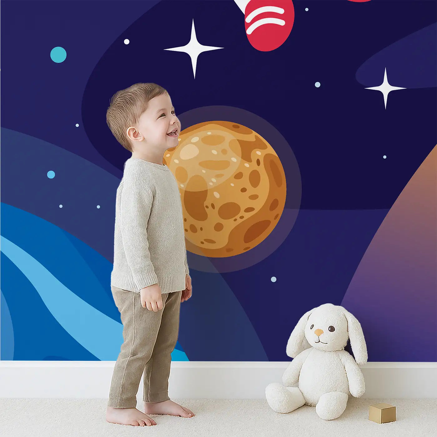Child in front of Whimsy Tots Cosmic Kid Explorer Wall Mural with astronaut, rocket, planet, star, sun in design.