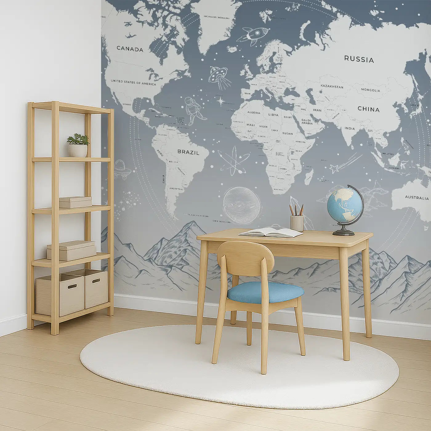 Angled view of Whimsy Tots' Celestial Explorer in Blue Wall Mural (M0335).A soft sky of stars and planets surrounds their first world adventures.