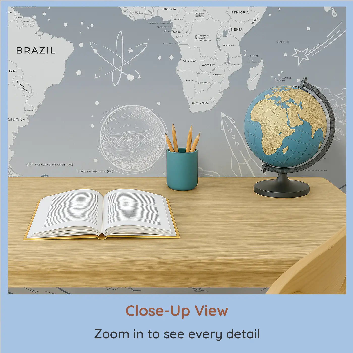 Close-up view of Whimsy Tots' Celestial Explorer in Blue Wall Mural (M0335).A soft sky of stars and planets surrounds their first world adventures.