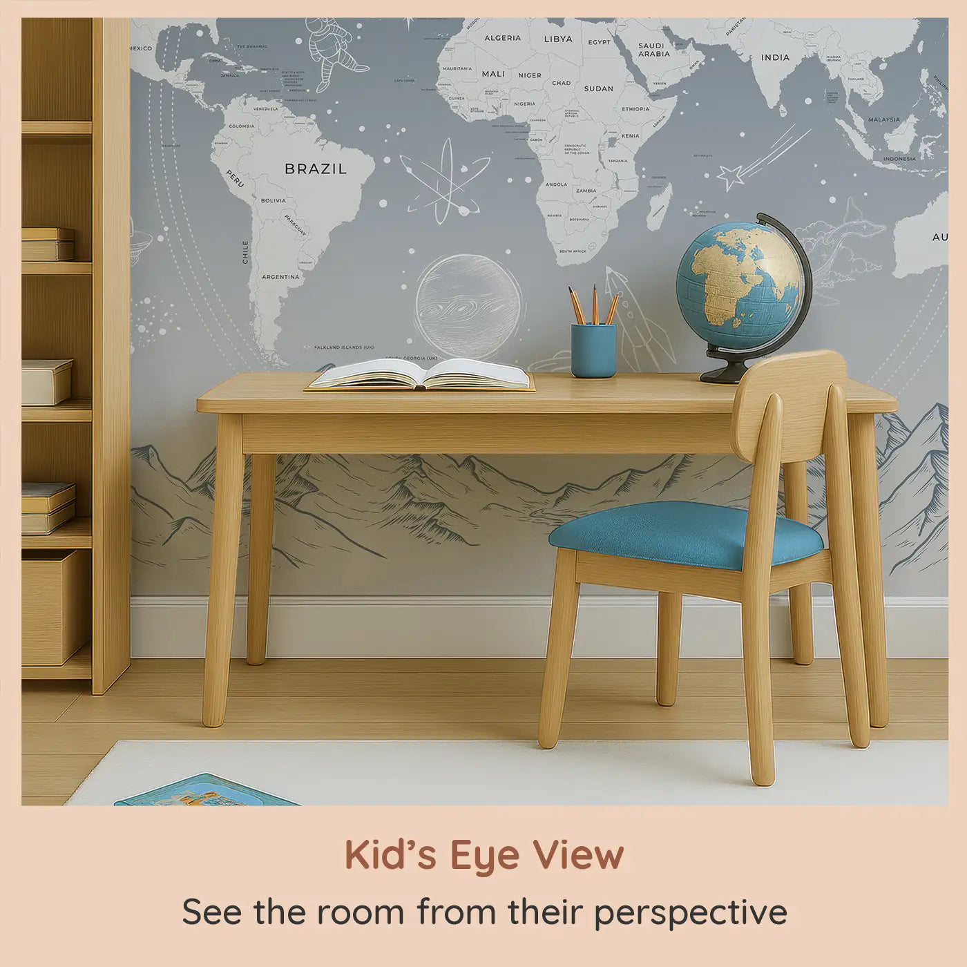 Whimsy Tots Celestial Explorer in Blue Wall Mural (M0335) from your child's view.A soft sky of stars and planets surrounds their first world adventures.