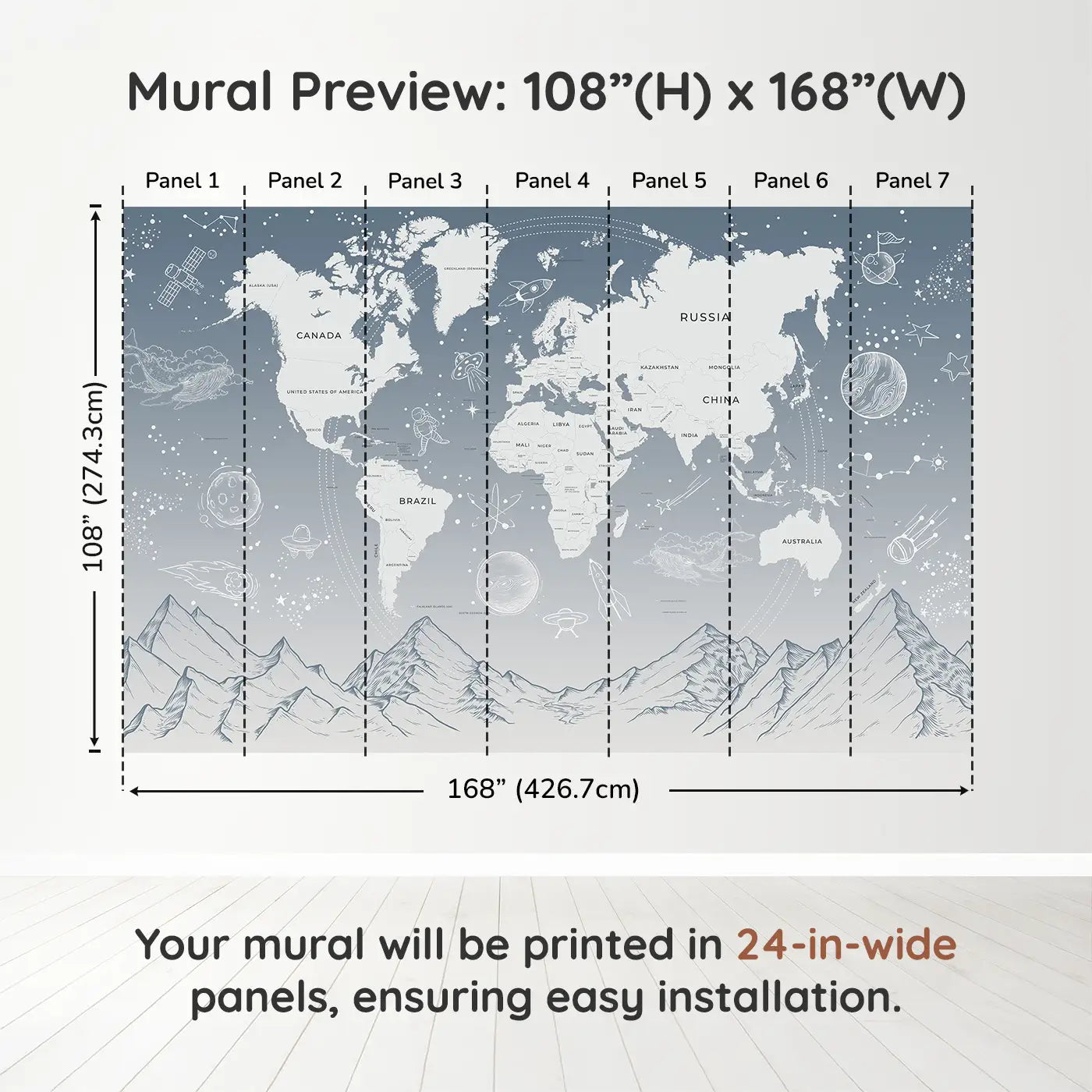 Whimsy Tots Celestial Explorer in Blue Wall Muraldimension view (108" H x 168" W). Printed in seven 24-inch-wide panels. A soft sky of stars and planets surrounds their first world adventures.