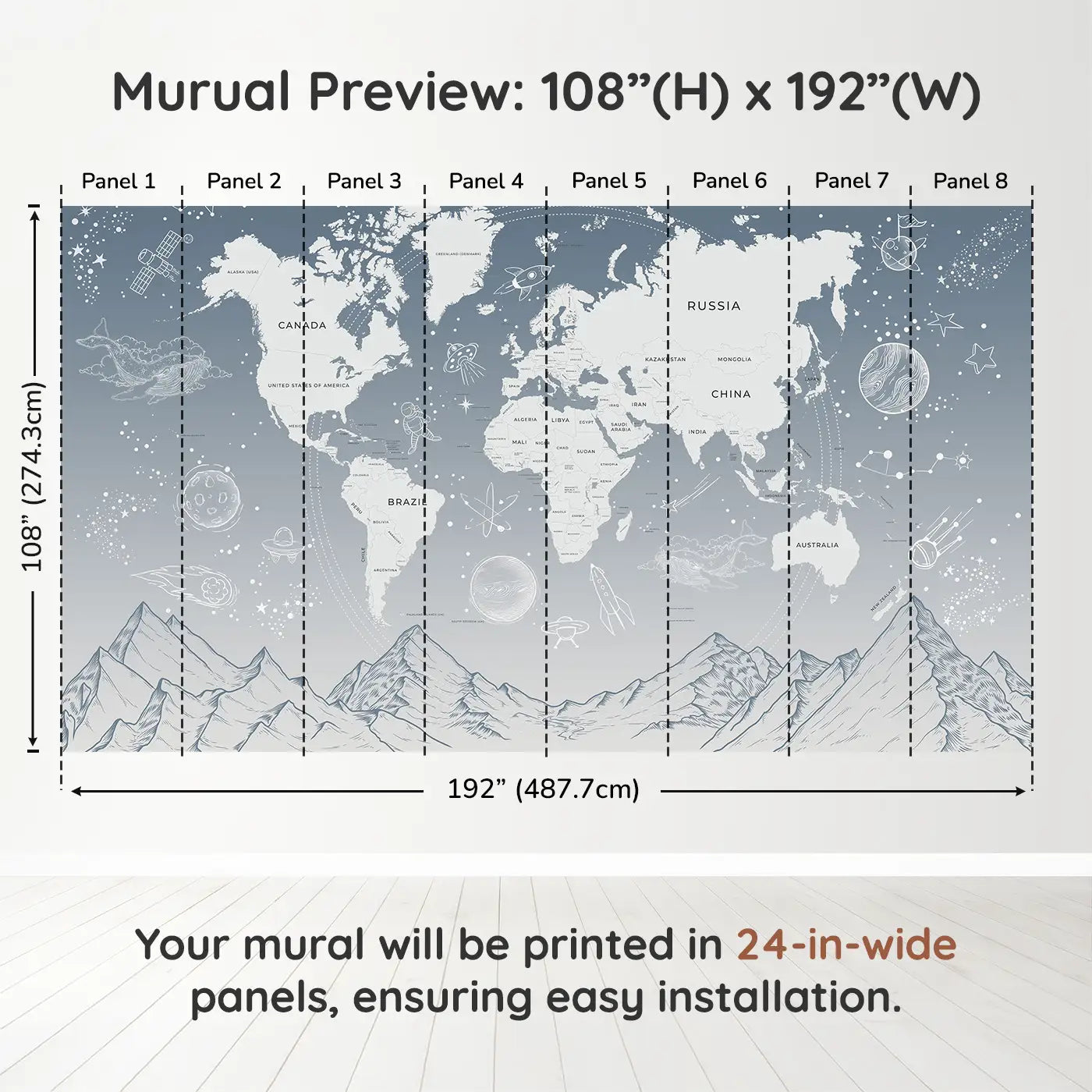 Whimsy Tots Celestial Explorer in Blue Wall Muraldimension view (108" H x 192" W). Printed in eight 24-inch-wide panels. A soft sky of stars and planets surrounds their first world adventures.