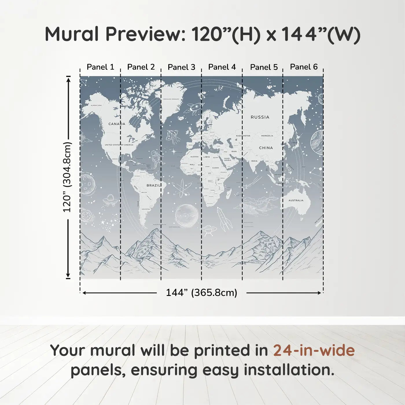 Whimsy Tots Celestial Explorer in Blue Wall Muraldimension view (120" H x 144" W). Printed in six 24-inch-wide panels. A soft sky of stars and planets surrounds their first world adventures.