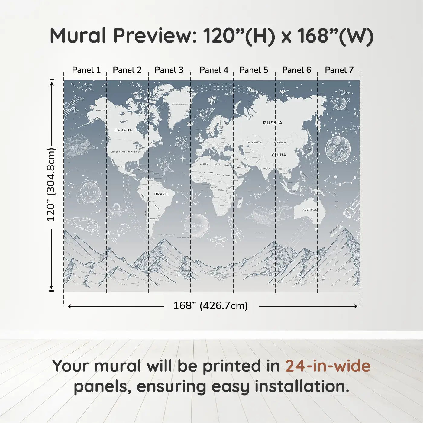 Whimsy Tots Celestial Explorer in Blue Wall Muraldimension view (120" H x 168" W). Printed in seven 24-inch-wide panels. A soft sky of stars and planets surrounds their first world adventures.