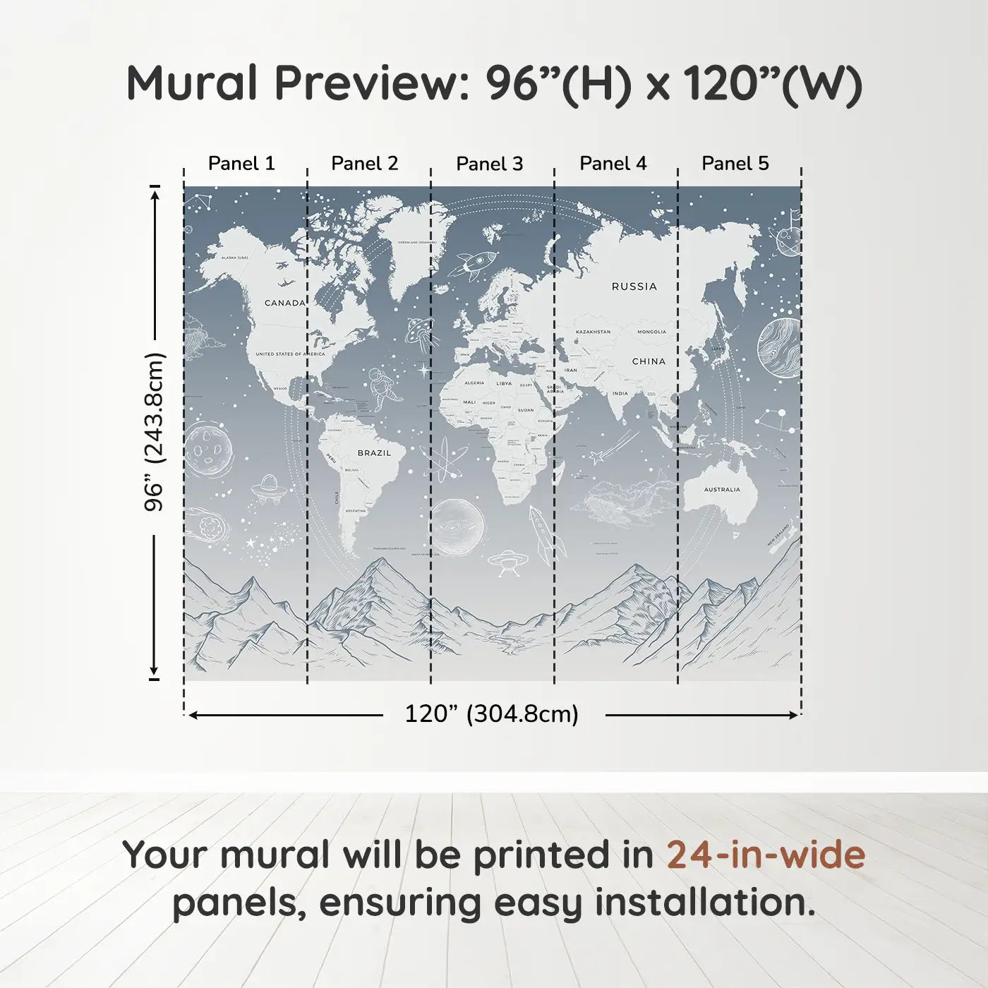 Whimsy Tots Celestial Explorer in Blue Wall Muraldimension view (96" H x 120" W). Printed in five 24-inch-wide panels. A soft sky of stars and planets surrounds their first world adventures.