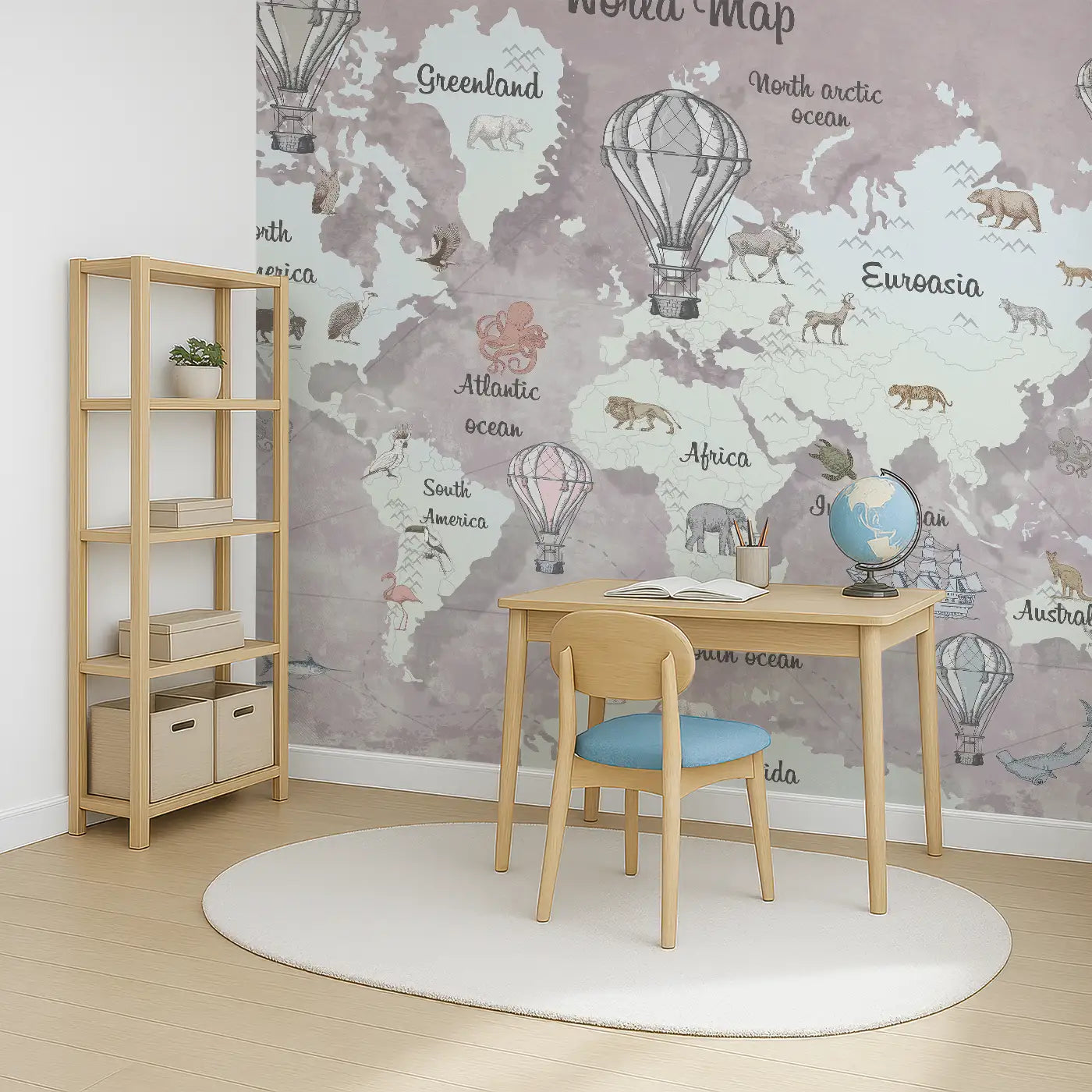 Angled view of Whimsy Tots' Vintage Airship World Map Wall Mural (M0336).From soaring hot air balloons to oceans filled with wonder—let their imagination explore every corner of the map.