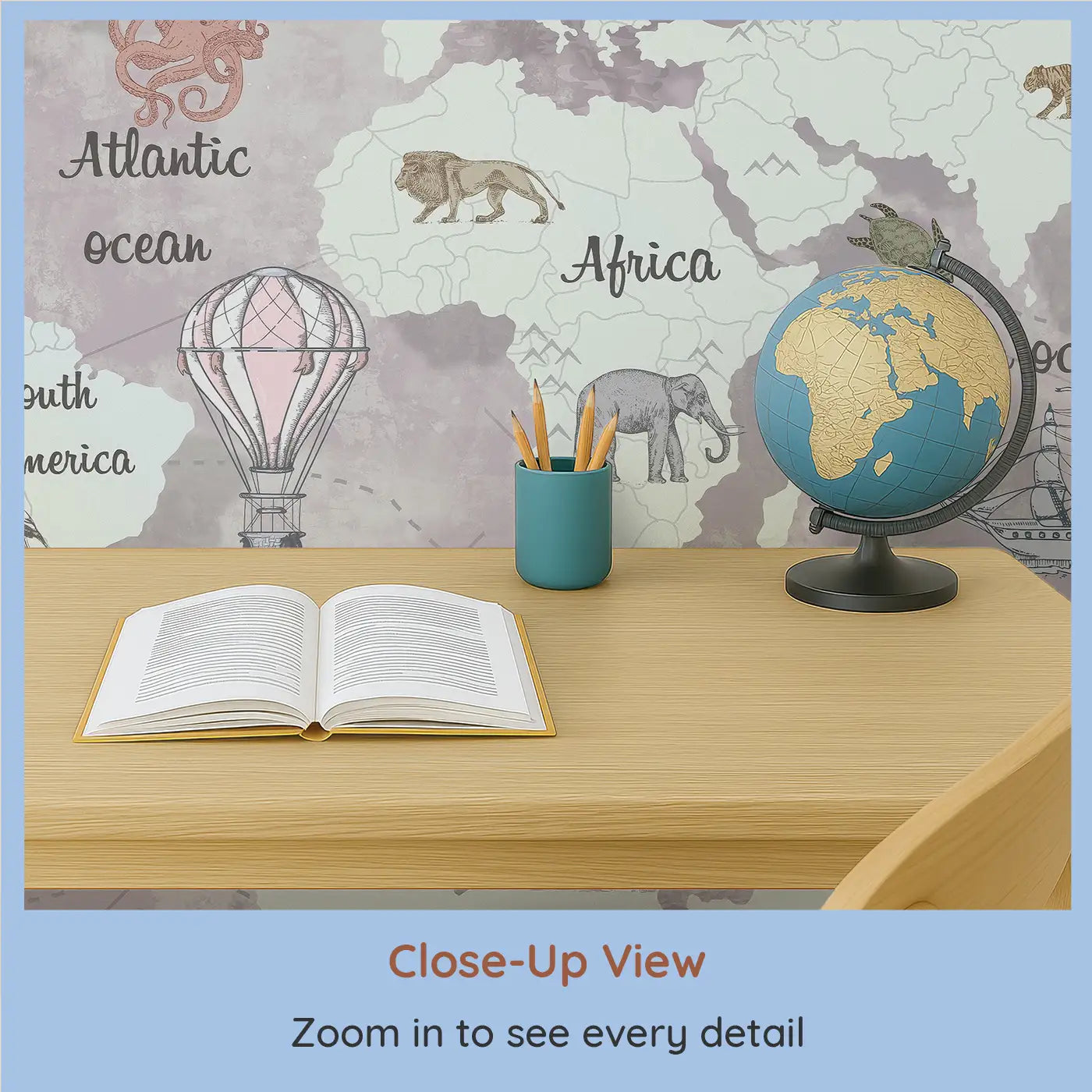 Close-up view of Whimsy Tots' Vintage Airship World Map Wall Mural (M0336).From soaring hot air balloons to oceans filled with wonder—let their imagination explore every corner of the map.