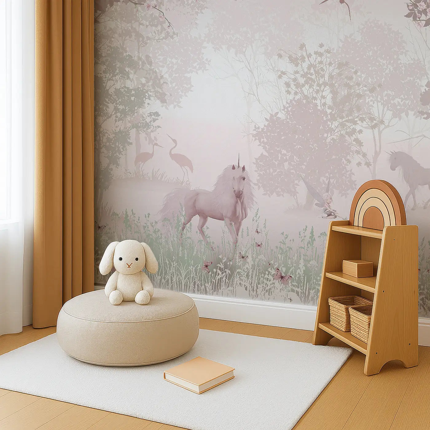 Angled view of Whimsy Tots' Mystic Meadow Wall Mural (M0360).Unicorns, fairies, and cherry blossoms invite sweet woodland dreams.