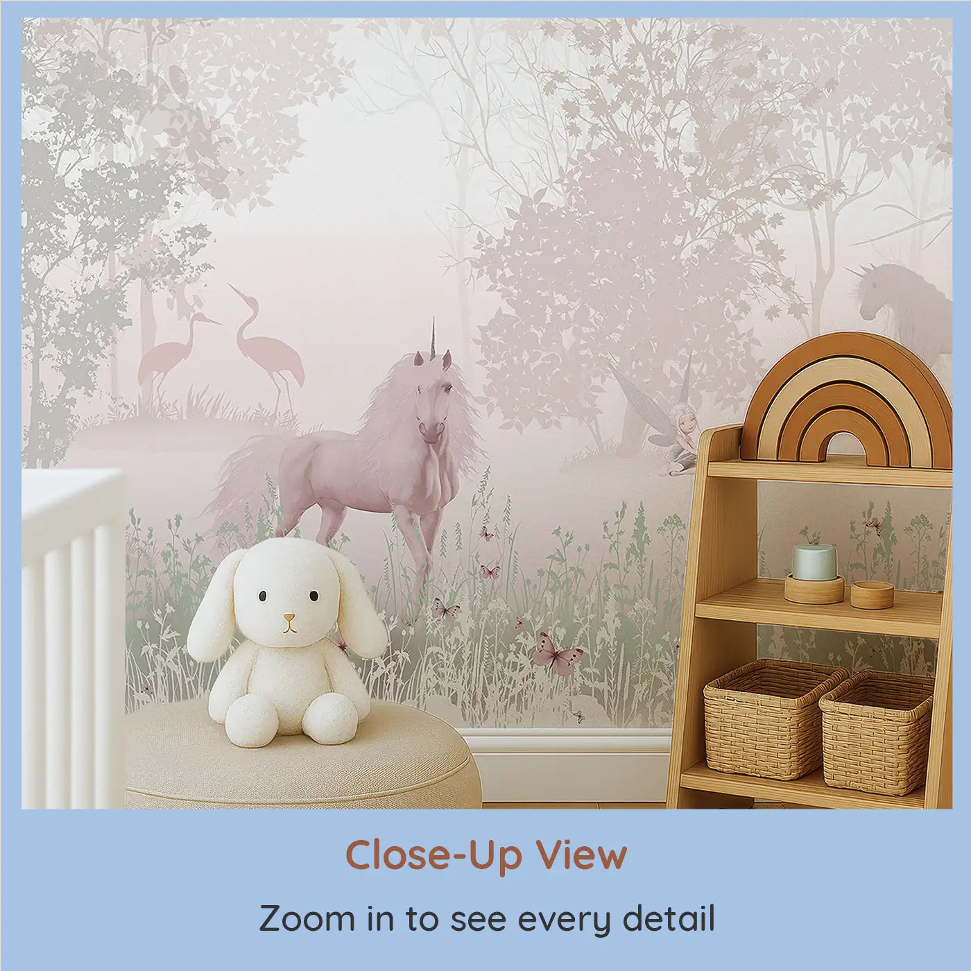 Close-up view of Whimsy Tots' Mystic Meadow Wall Mural (M0360).Unicorns, fairies, and cherry blossoms invite sweet woodland dreams.