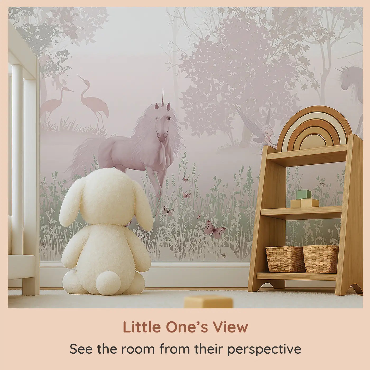 Whimsy Tots Mystic Meadow Wall Mural (M0360) from your child's view.Unicorns, fairies, and cherry blossoms invite sweet woodland dreams.