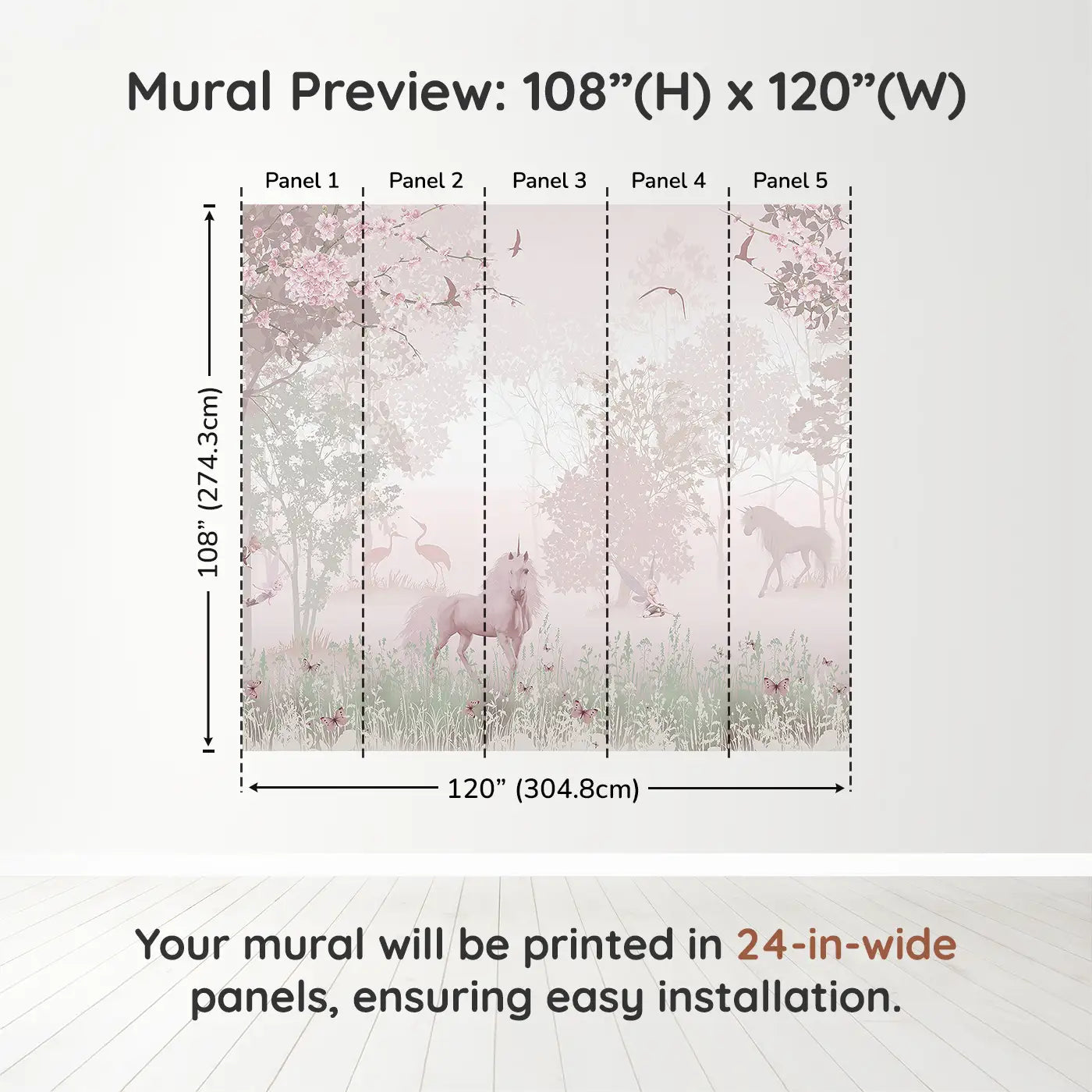 Whimsy Tots Mystic Meadow Wall Muraldimension view (108" H x 120" W). Printed in five 24-inch-wide panels. Unicorns, fairies, and cherry blossoms invite sweet woodland dreams.