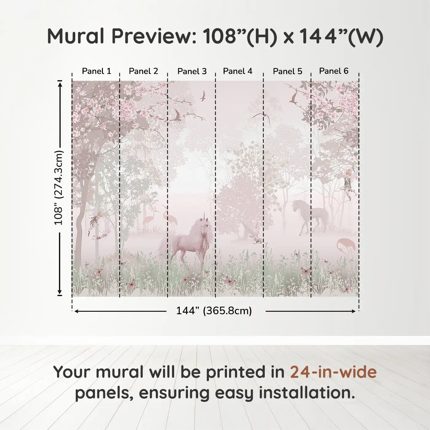 Whimsy Tots Mystic Meadow Wall Muraldimension view (108" H x 144" W). Printed in six 24-inch-wide panels. Unicorns, fairies, and cherry blossoms invite sweet woodland dreams.