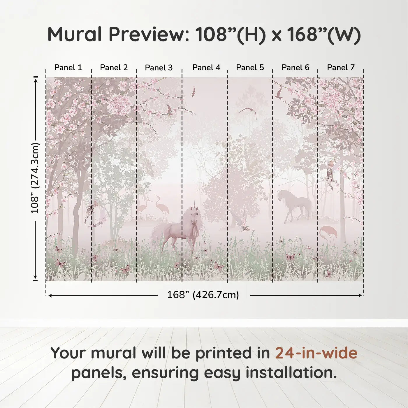 Whimsy Tots Mystic Meadow Wall Muraldimension view (108" H x 168" W). Printed in seven 24-inch-wide panels. Unicorns, fairies, and cherry blossoms invite sweet woodland dreams.