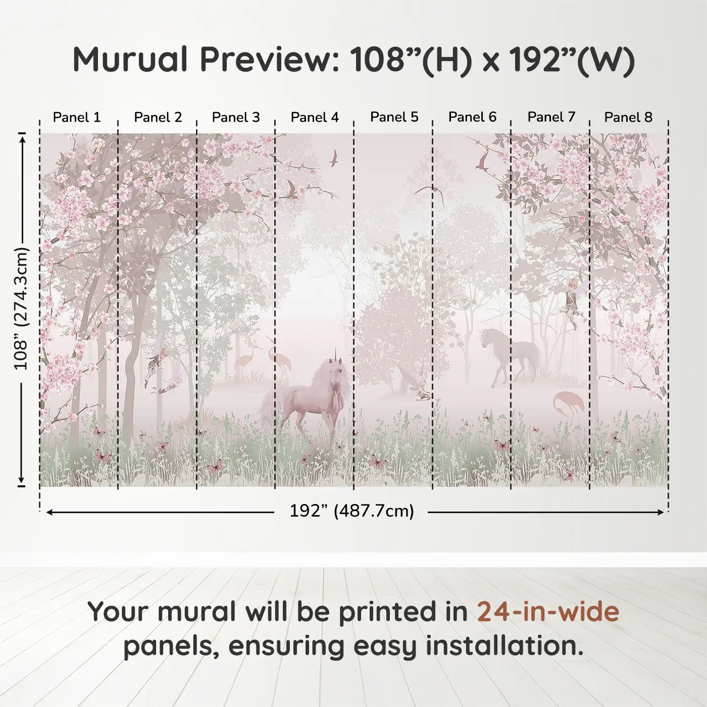 Whimsy Tots Mystic Meadow Wall Muraldimension view (108" H x 192" W). Printed in eight 24-inch-wide panels. Unicorns, fairies, and cherry blossoms invite sweet woodland dreams.