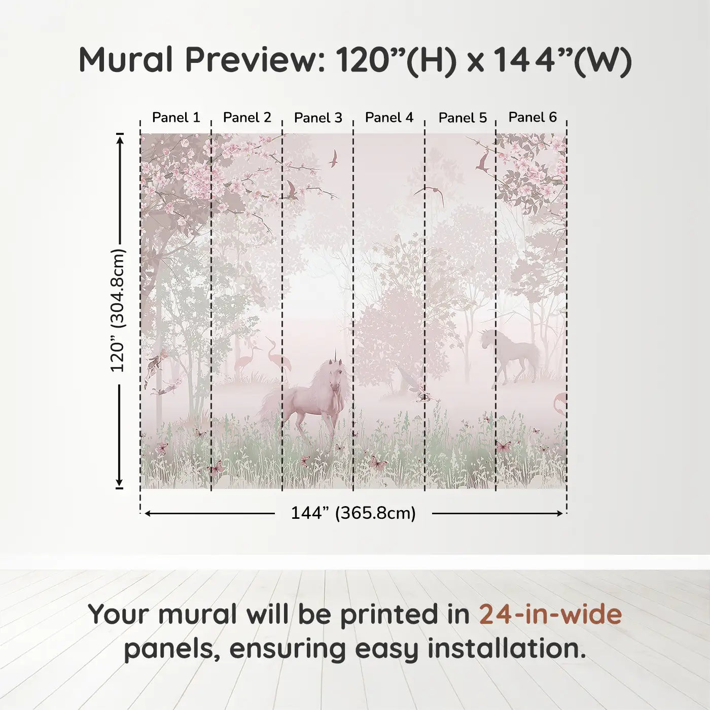 Whimsy Tots Mystic Meadow Wall Muraldimension view (120" H x 144" W). Printed in six 24-inch-wide panels. Unicorns, fairies, and cherry blossoms invite sweet woodland dreams.