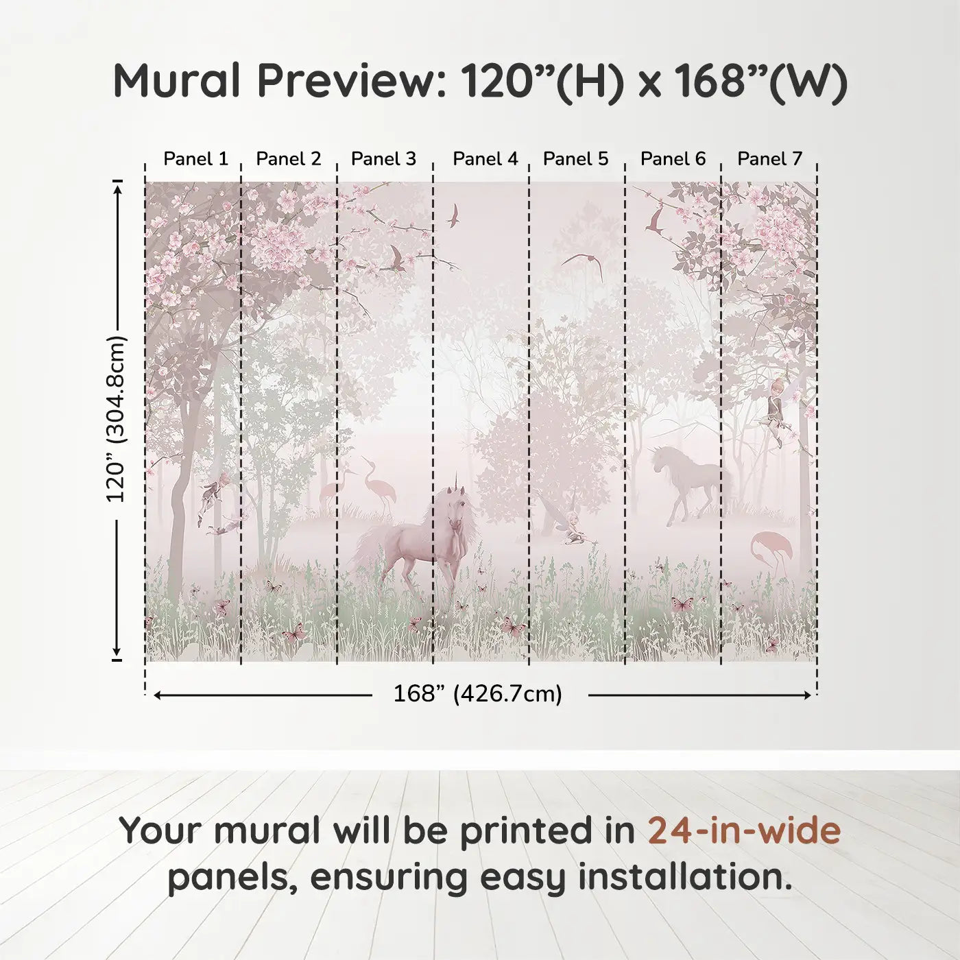 Whimsy Tots Mystic Meadow Wall Muraldimension view (120" H x 168" W). Printed in seven 24-inch-wide panels. Unicorns, fairies, and cherry blossoms invite sweet woodland dreams.
