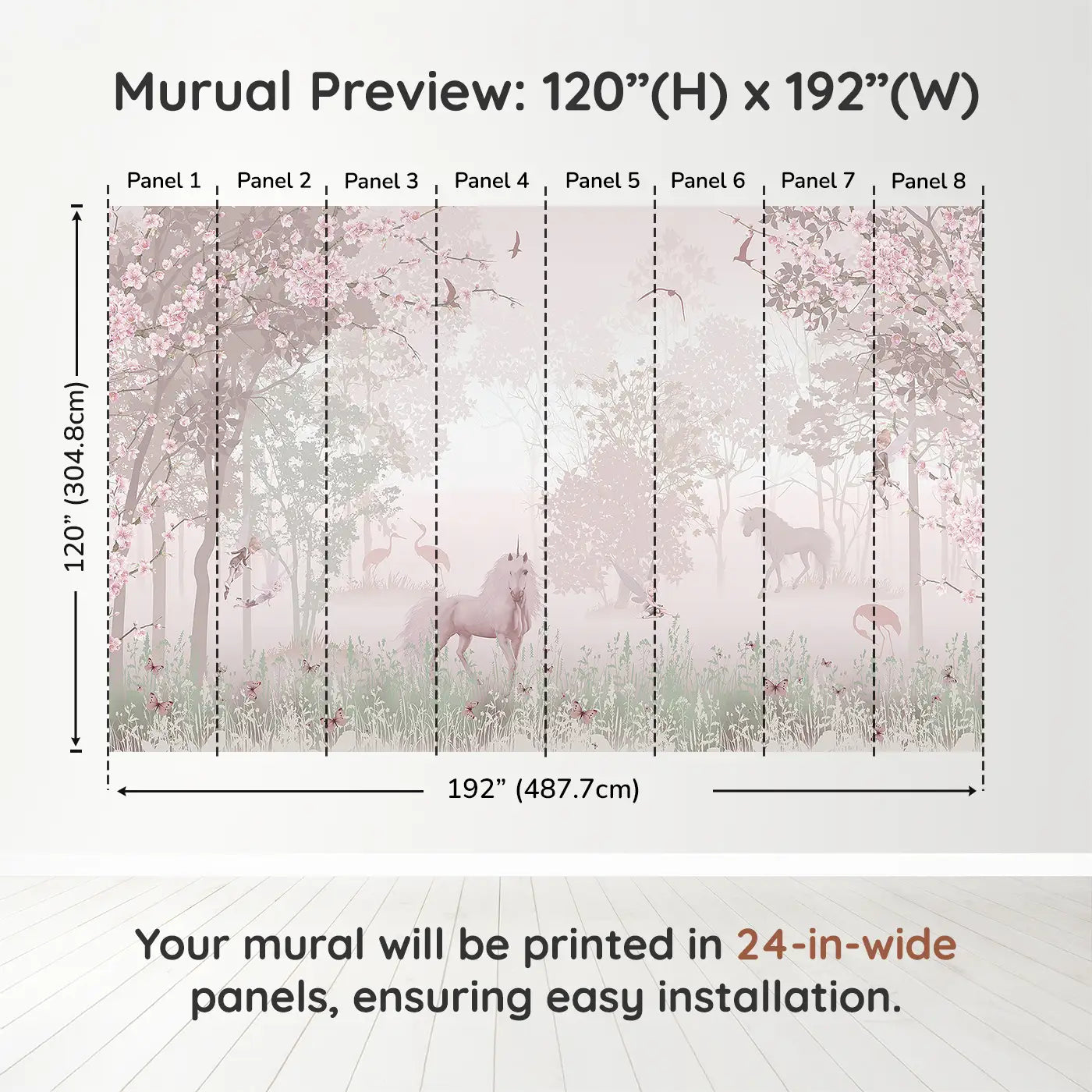 Whimsy Tots Mystic Meadow Wall Muraldimension view (120" H x 192" W). Printed in eight 24-inch-wide panels. Unicorns, fairies, and cherry blossoms invite sweet woodland dreams.