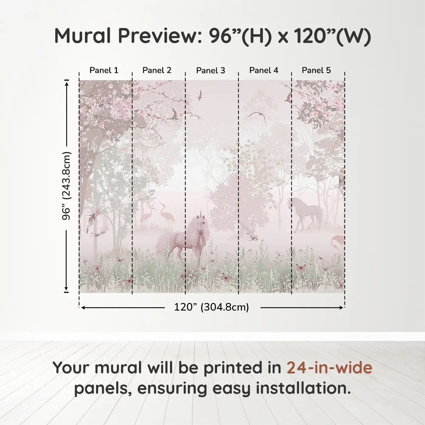 Whimsy Tots Mystic Meadow Wall Muraldimension view (96" H x 120" W). Printed in five 24-inch-wide panels. Unicorns, fairies, and cherry blossoms invite sweet woodland dreams.