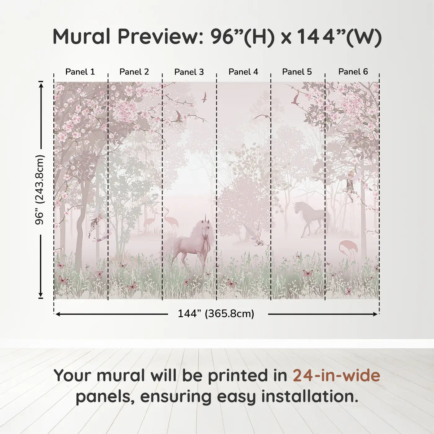 Whimsy Tots Mystic Meadow Wall Muraldimension view (96" H x 144" W). Printed in six 24-inch-wide panels. Unicorns, fairies, and cherry blossoms invite sweet woodland dreams.