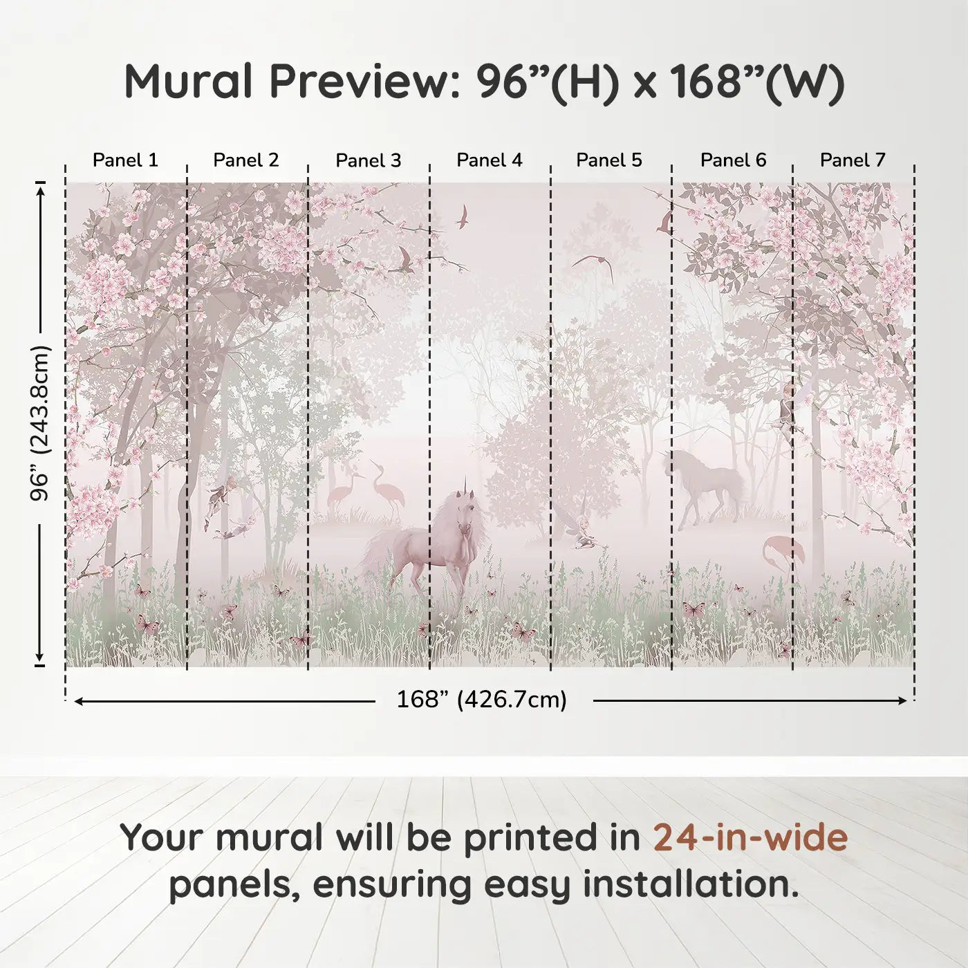 Whimsy Tots Mystic Meadow Wall Muraldimension view (96" H x 168" W). Printed in seven 24-inch-wide panels. Unicorns, fairies, and cherry blossoms invite sweet woodland dreams.