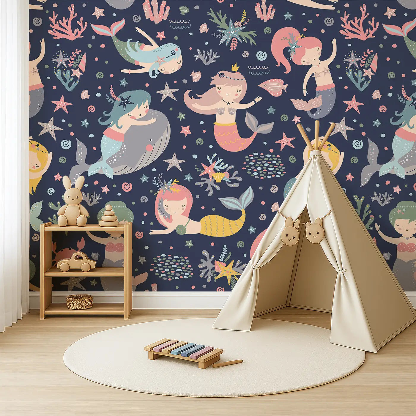 Angled view of Whimsy Tots' Midnight Mermaid Magic Wall Mural (M0366).A moonlit ocean of mermaids, coral and gentle creatures waiting to enchant.